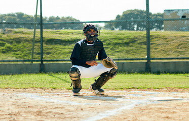 Man, baseball and athlete with glove on field, outdoor pitch and training or practice. Male person, player and sports competition or fitness tournament, pitcher and helmet at match or game in arena