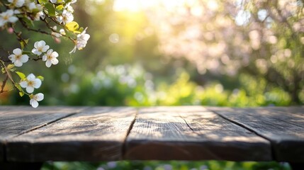 Naklejka premium Wooden table with a blurred background of a flower garden with white blossoms.