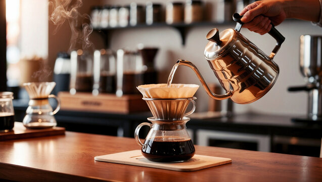 A barista pours hot water into a V60 coffee dripper, capturing the essence of manual brewing in a modern caf&eacute;