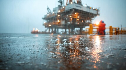 Fototapeta premium Oil rig in stormy weather, with raindrops on the wet surface.