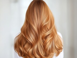 Fototapeta premium Long, beautifully styled hair in a salon, showcasing its natural length and vibrant, healthy shine.