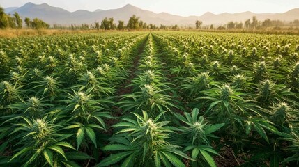 A field of cannabis plants growing in rows under the morning sun.