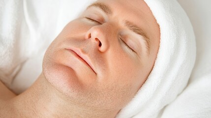 Relaxed man in a spa, white towel on his head, serene expression, close-up.