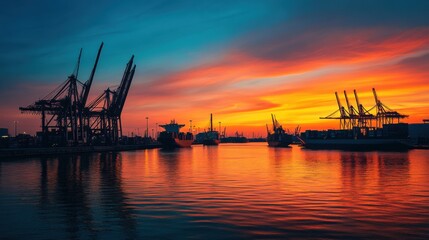 Fototapeta premium A modern port at dawn, with cranes and container ships silhouetted against the fiery sunrise, symbolizing global trade's continuous growth