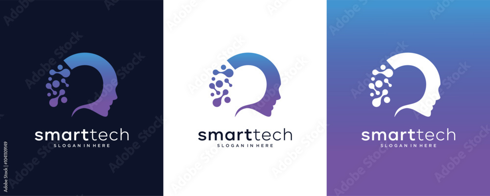 Wall mural artificial intelligence vector logo design head face ,circuit brain processor computer system