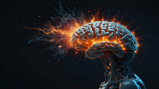 Concept art of a human brain exploding with knowledge 