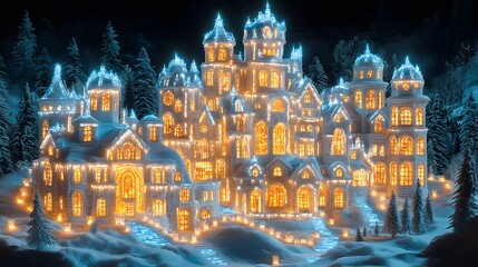 Naklejka premium A majestic ice castle illuminated by sparkling lights, showcasing the famous Harbin Ice and Snow Festival at night, vector style