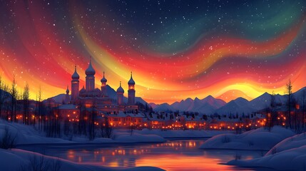 Naklejka premium A majestic ice castle illuminated by sparkling lights, showcasing the famous Harbin Ice and Snow Festival at night, vector style