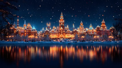 Obraz premium Vector artwork of the Harbin Ice and Snow Festival, showcasing bright lights reflecting off detailed ice sculptures