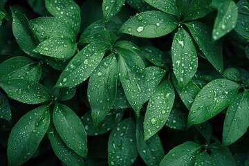 Fototapeta premium Dew-Covered Green Leaves in a Forest