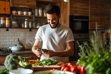 Happy young man in a cozy kitchen preparing a romantic dinner while checking a recipe on his phone in the evening light