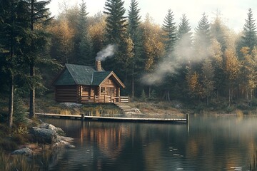 Obraz premium Cozy wooden huts nestled in the forest beside a tranquil lake. Surrounded by tall pine trees.