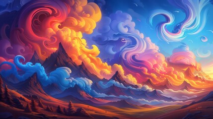 Surreal Mountain Range with Bright Colors and Clouds