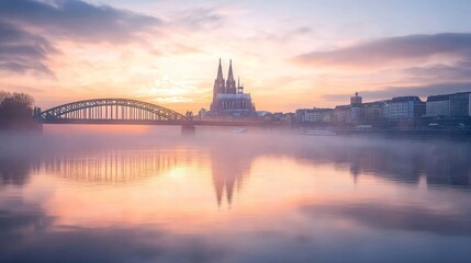 Obraz premium A majestic cathedral silhouette rises from the mist over a river at sunrise, with a bridge in the foreground and the city skyline in the background.
