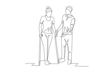 Physiotherapist helps patient walk. Patient rehabilitation concept one-line drawing