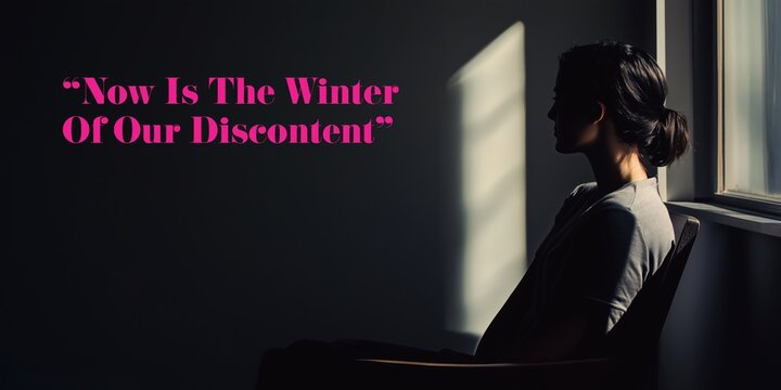 Discontent Winter Quote in Pink Typography with Dramatic Shadow Reflection