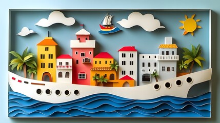Obraz premium Papercut design of Mardi Gras parade, showcasing beads, elaborate floats, and people in colorful masks, capturing the festive energy
