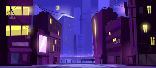 Night downtown street landscape with light in windows of city skyscrapers and streetlights, sidewalk and moon. Cartoon vector dark dusk modern cityscape with neon glow. Midnight urban alley scene. © klyaksun