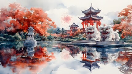 Obraz premium Watercolor illustration of Chinese New Year, featuring a lively lion dance with red decorations, fireworks in the background, and colorful lanterns