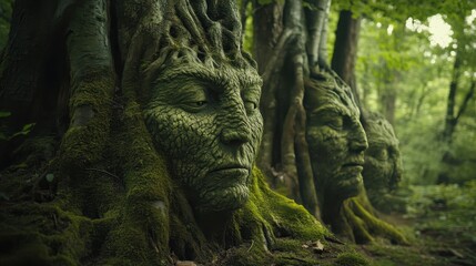 Mystical Faces in an Enchanted Forest Setting