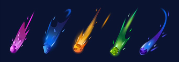 Space comets set isolated on black background. Vector cartoon illustration of neon color asteroid rocks flying in sky with blue ice, orange fire, purple trails, meteorite rain, alien galaxy elements © klyaksun