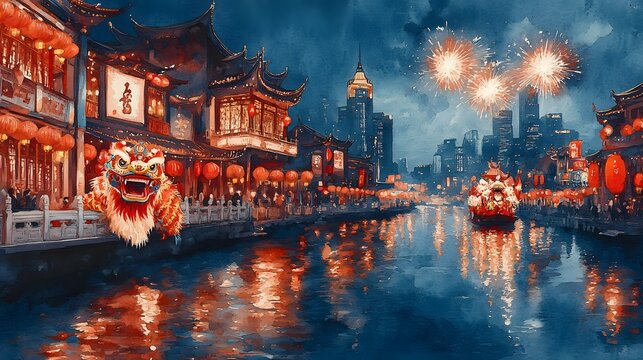 Watercolor artwork depicting the joy of Chinese New Year, with a lion dance, red lanterns, and vibrant fireworks lighting up the scene