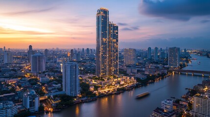 Obraz premium A panoramic view of a modern city skyline with a tall skyscraper, a river, and a bridge at sunset.