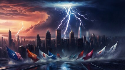 Thunderstorm over city.