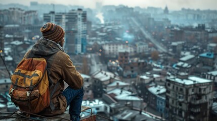 Obraz premium Lonely Survivor in Makeshift Shelter Overlooking Cityscape