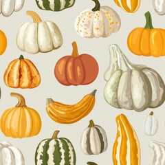 seamless pattern of various pumpkin types, including gourds and squashes