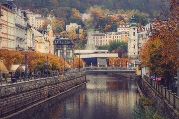 Beautiful postcard view of the center of Karlovy Vary, Czech Republic, with it's stunning 19th...