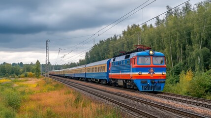 Obraz premium A passenger train speeds through the countryside under a cloudy sky.