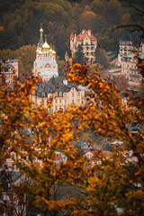 Beautiful view of the Orthodox Church of St. Peter and Paul in Karlovy Vary, Czech Republic,...