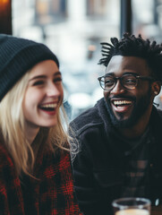 Two diverse young adults share authentic laughter during a casual coffee meetup, wearing winter attire and captured in natural lighting.
