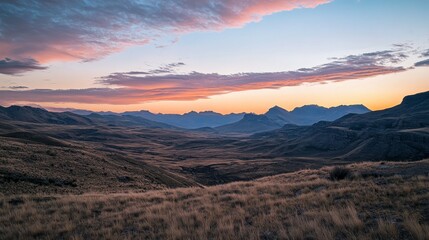 A picturesque mountain range bathed in the warm glow of a sunset, with clouds creating a soft, colorful background.