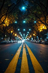 A Nighttime View of a Street Lined with Trees and Streetlights