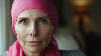 A older woman with cancer, wearing a pink scarf, looks directly into the camera Breast Cancer support