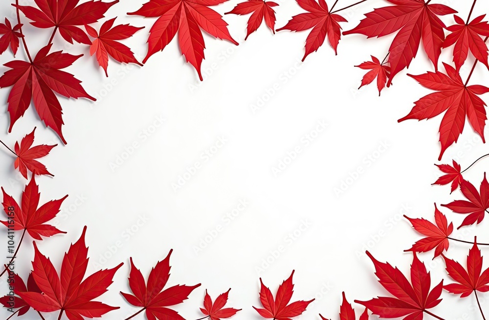 Wall mural bright red maple leaves creating an elegant border with copy space on a clean white background