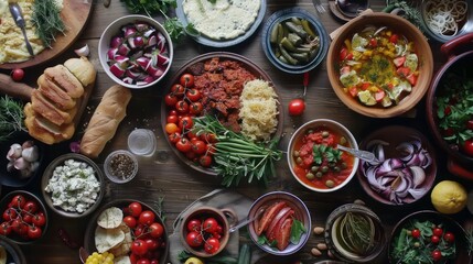 Fototapeta premium Rustic Traditional Food Spread on Wooden Table