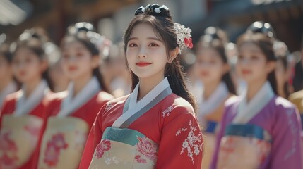 Young woman in traditional Korean hanbok dress, smiling and looking at the camera.