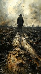 Obraz premium Lonely Figure Walking on a Muddy Path in a Rural Landscape