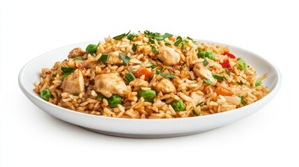 A plate of chicken fried rice with vegetables and parsley.