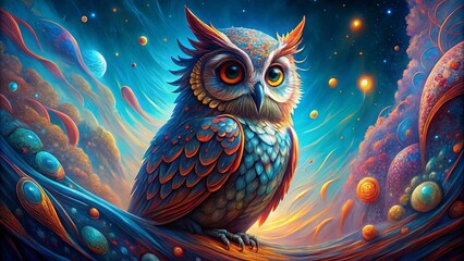 Obraz premium An owl perched on a branch with swirling nebulae and celestial bodies in the background.