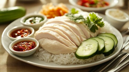 A plate of Hainanese chicken rice with sliced cucumber, chili sauce, and a side of dipping sauce.