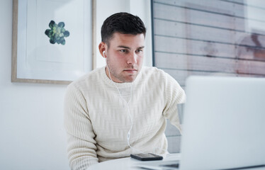 Remote work, man and laptop with earphones for listening, hearing and audio voice for...