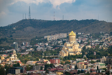 Trinity church is seen from mother georgia hill in Tbilisi, Georgia.