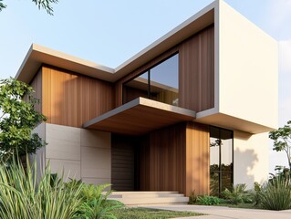 Fototapeta premium Luxury modern house showcasing a striking texture contrast of wood and steel harmonized with a lush green environment.