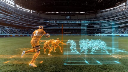 A photograph of a modern rugby stadium with holographic digital scrum formations displayed on the playing field showcasing the of advanced technology in the sport