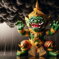 Fototapeta premium Giant, Demon, Fierce green warrior wearing a traditional demon mask, wearing golden armor, and the character represents strength and determination, and looks mysterious. The fierce green warrior weari