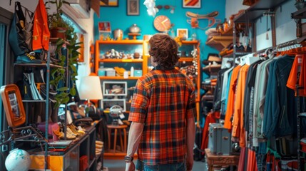 Vintage Store Exploration with Shopper Surrounded by Goods